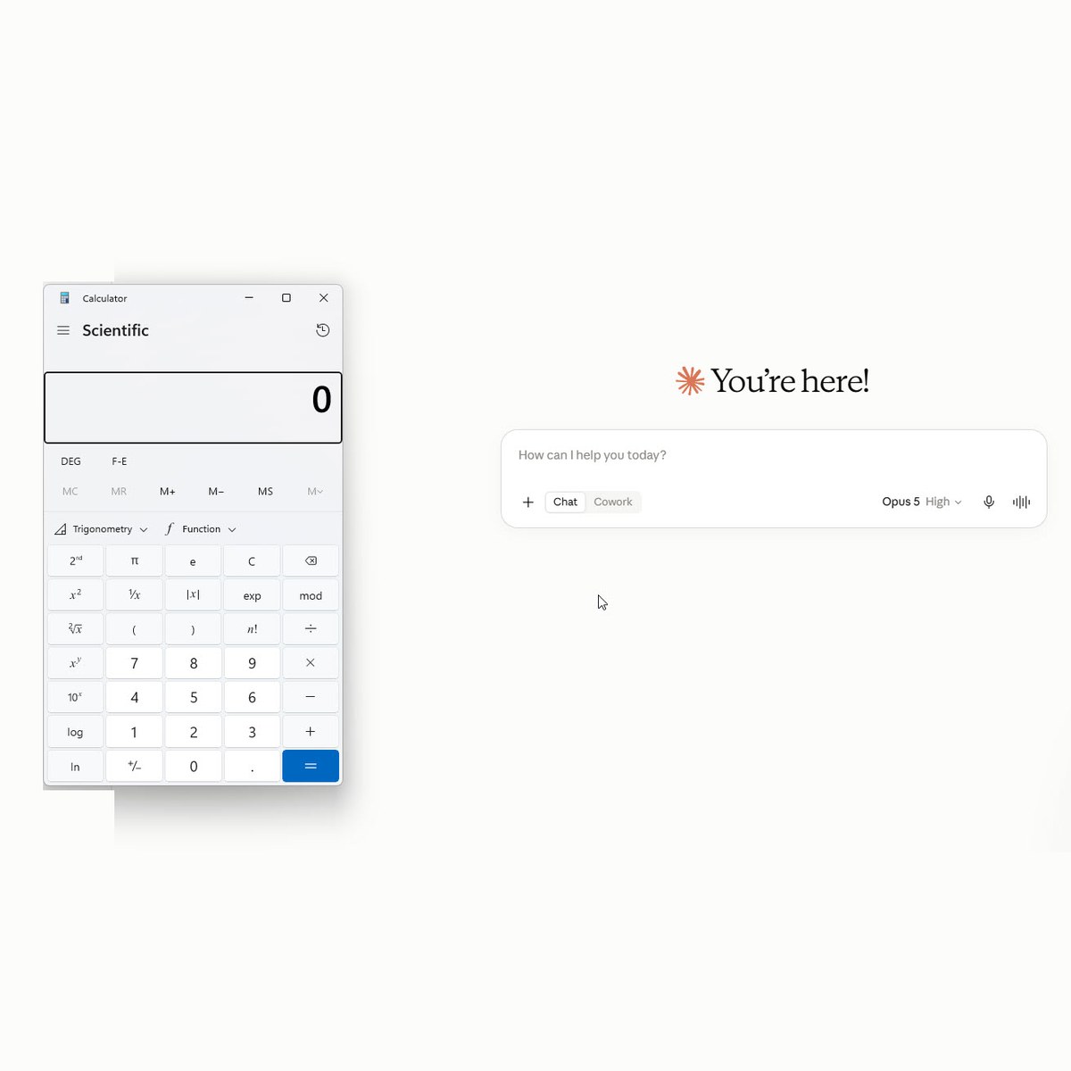 Windows calculator open next to a blank Claude chat window